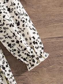 Girls Puff Print Long Sleeve Dress With Shirred Hem, Ribbon Bow Chest Decor, Suitable For Vacation Or Daily Wear In Autumn - Black - View 5