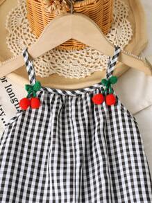 SHEIN Vintaside Kids Baby Girls' Summer Casual Classic Woven Black & White Gingham Jumpsuit With Cherry Decor - Black and White - View 5