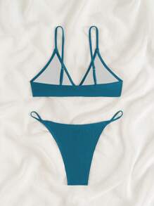 Swim Basics Women's Summer Beach Solid Color Sexy Bikini Set - Blue - View 5