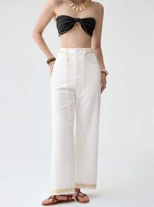 Florisole 波西米亚风格高腰直筒修身刺绣裤，百搭