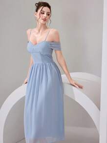 Poshira Damen Off-Shoulder Partykleid Einfarbig mit schlanker Taille im französischen Stil - Blau - Übersicht 6