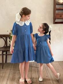 LMoss Kids 年轻女孩梭织纯色圆领荷叶边下摆修身连衣裙 - 藍色 - 查看 3