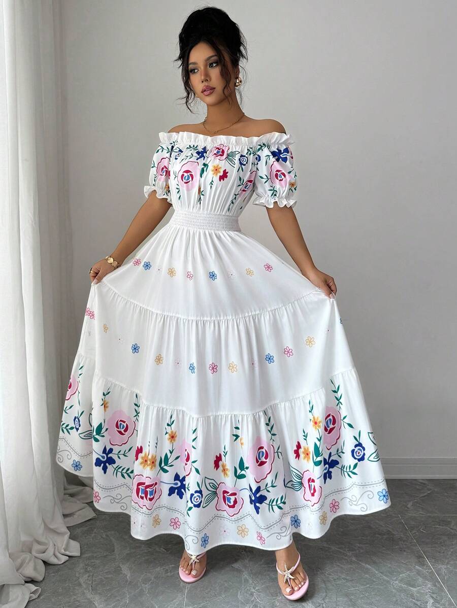 Modelyn Đầm dự tiệc hàng ngày in hoa tay bồng một bên vai cho nữ, váy xòe eo, lãng mạn, thanh lịch, bộ sưu tập mùa hè mới - Nhiều màu - Xem 1