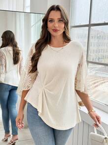 SHEIN Clasi Curve Plus Size Women's Casual Daily Apricot Knitted Texture Fabric Waist Waist Slimming Pleated Splicing Lace Holiday Shirt,Summer Tops,Business Casual Woman,Teacher Outfits For Women,Streetwear Women ,Lace Top,Summer Outfits For Women,Summer,Vacation Outfits Woman,Vacation,Women Summer Clothes,Going Out ,Plus Size Women Clothes,Clothes,Curve Plus,