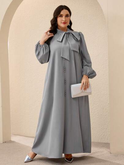 Al Najma 大码女式纯色抽绳V领灯笼袖宽松阿巴亚连衣裙