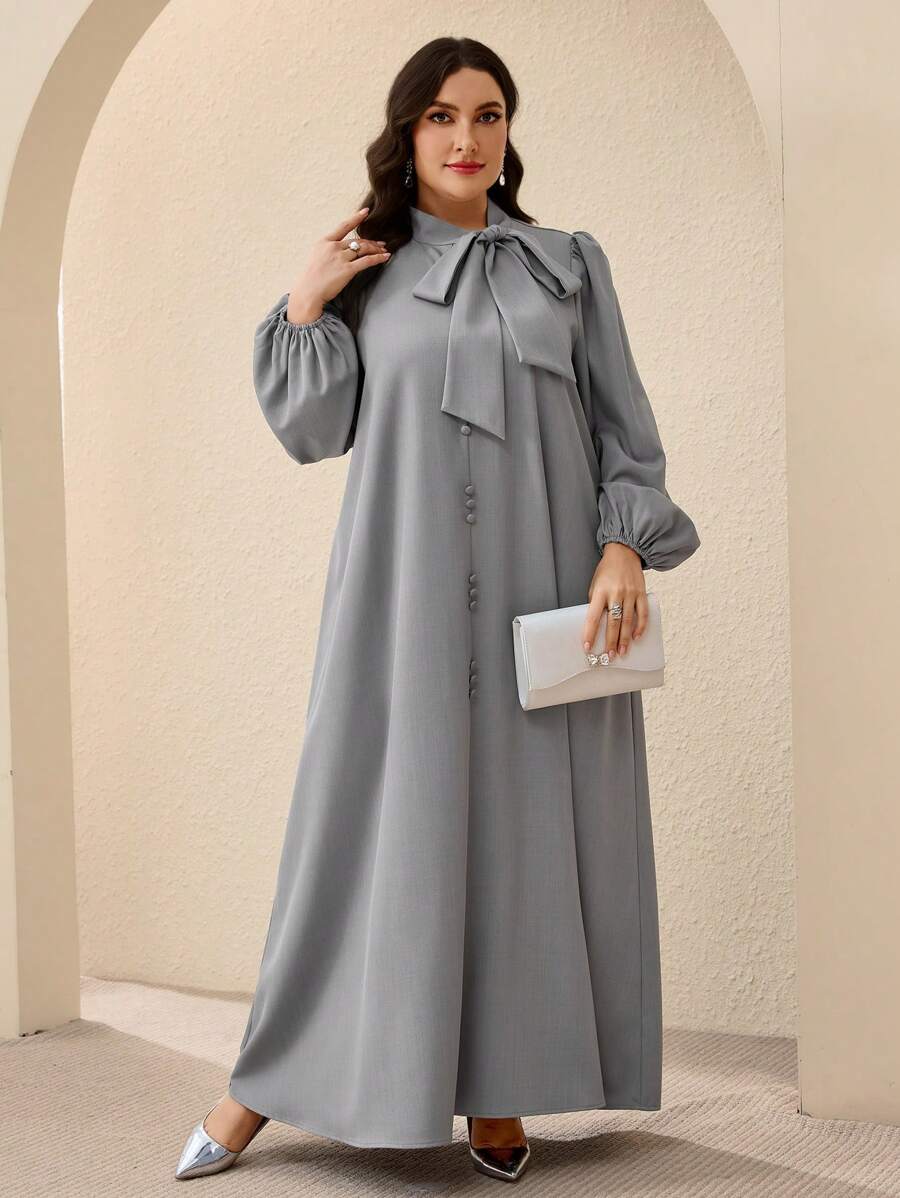 Al Najma Váy Abaya rộng rãi cổ chữ V tay đèn lồng màu trơn cho nữ cỡ lớn - Xám - Xem 1