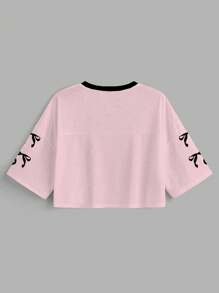 Slaydiva Áo thun lưới tay ngắn 5/8 cổ chữ V rộng rãi, giản dị, tối giản, thời trang xuân/hè 2025 dành cho nữ, có in số 07 và nơ, phù hợp cho mùa hè, thể thao - Nhiều màu - Xem 2