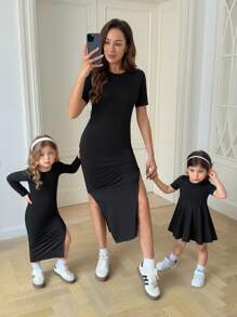 SHEIN Babygirl Cute & Elegant Black Short Sleeve Knit Dress, Summer - Black - View 2