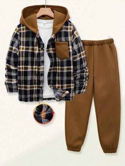 SHEIN Explorewe 2pcs Tween Boy Fashionable Plaid Hooded Jacket And Jogger Pants Set, For Christmas