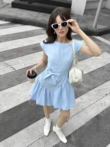 SHEIN Vestido de verano elegante con parche floral de estilo capullo para niñas adolescentes - Celeste - Ver 3