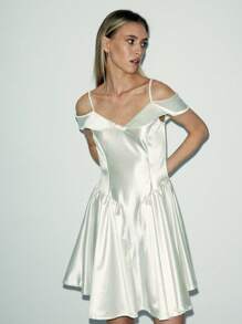 Lumivelle Women's Solid Color Ruffle Off-Shoulder Elegant Satin Dress - White - View 5