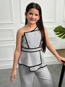 SHEIN 青少年女孩休闲简约舒适不对称领口无袖撞色边衬衫和裤子套装 - 杏色 - 查看 7