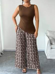 SHEIN Clasi Set da 2 pezzi, maglia in maglia morbida tinta unita con collo a giro e pantaloni casual a gamba ampia con stampa, ideale per taglia forte, per uscite e spostamenti quotidiani - Multicolore - Visualizzare 5