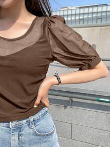 DAZY 女士半透明短袖圆领网眼套头休闲上衣，夏季 - 棕色 - 查看 7