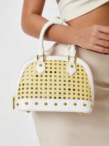 SHEIN SXY Ladies, Women Top Handle Bags, Rattan Hollow, Splicing PU, Rivets, Fashionable, Elegant, Simple, Personalized, Versatile, For Commute, Office, Date, Daily, Shopping, Afternoon Tea - Multicolor - View 1