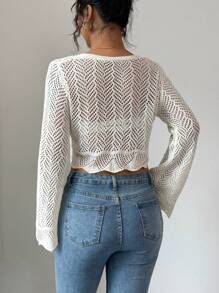 Elenzga Women's Lightweight Geometric Patterned Tie Front Cardigan, Vacation Style, Spring/Summer Fall Cloth For Women - Beige - View 2