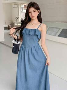 DAZY 女式休闲荷叶边拼接牛仔吊带裙，春夏 - 藍色 - 查看 5