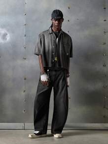 NEON BLANC 男士街头时尚黑色梭织竖条纹渐变牛仔短袖衬衫，学校风 - 淺灰色 - 查看 1