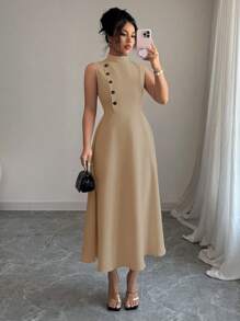 Elenzga Elegant Holiday Casual Sleeveless Dress With Decorative Button, Spring/Summer