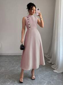 Elenzga Vestido casual elegante de verano sin mangas con botones decorativos