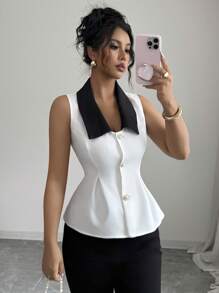 Elenzga Camisa de mujer elegante, casual, cómoda y de estilo vintage minimalista para días de vacaciones, sin mangas, con cuello vuelto, contraste de color en el dobladillo y la cintura entallada en unicolor