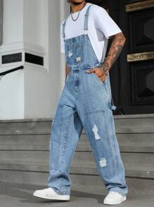 Manfinity Homme Men's Letter Print Distressed Casual Versatile Denim Bib Overalls Hang Out Street Work Urban