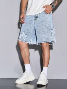 Manfinity Homme Quần short denim thường ngày họa tiết ngôi sao năm cánh dành cho nam, quần short jean xanh nhạt đơn giản mặc hàng ngày cho nam Quần short denim giặt axit cho nam - Màu xanh lam - Xem 4