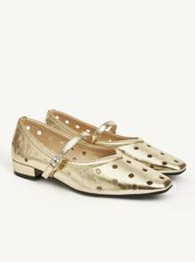 CUCCOO CHICEST 女士镂空方头平底鞋，优雅简约时尚舒适金色金属仿皮玛丽珍鞋，适合下午茶、派对、职场、度假、万圣节 - 金色 - 查看 8