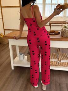 SHEIN 女士心形图案针织吊带背心和休闲裤睡衣套装，四季皆宜，舒适穿着 - 紅色 - 查看 3