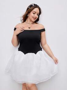 SHEIN MOD Robe de fête pour femmes grande taille, robe de fête, robe d'été, robe pour vacances d'été et port quotidien, robe de remise des diplômes, robe d'anniversaire pour femmes, robe courte noire et blanche à épaules dénudées avec panneau en maille, robe blanche pour femmes grande taille, robe d'été - Noir et Blanc - Voir 6
