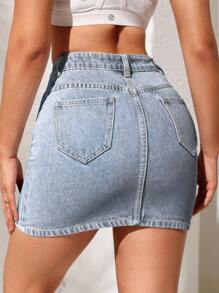 Women's Pocketed A-Line Casual Versatile Denim Mini Skirt - Light Wash - View 2