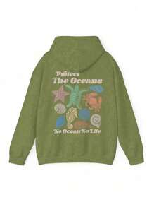 INAWLY 女士标语和海星印花落肩长袖休闲连帽衫