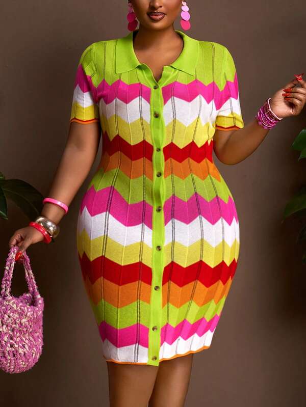 Slaydiva Vestido de punto ajustado de manga corta de una hilera con rayas de arcoíris para mujer de talla grande