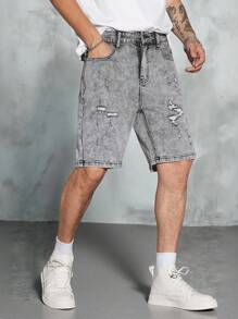 Manfinity EMRG Men's Light Grey Ripped Denim Shorts Avant-Garde Hip-Hop Streetwear Style Zipper Detail Short Length For A Summer Look - Light Grey - View 1
