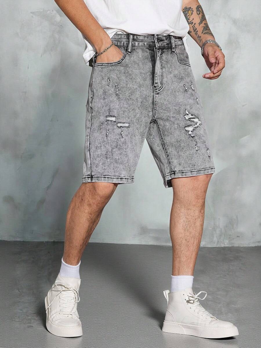 Manfinity EMRG Men's Light Grey Ripped Denim Shorts Avant-Garde Hip-Hop Streetwear Style Zipper Detail Short Length For A Summer Look - Light Grey - View 1