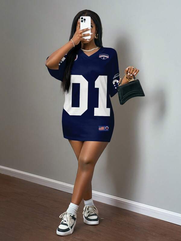 Slaydiva Plus Size Casual Minimalist Sports Jersey #01 Print Loose Fit V-Neck Short Sleeve T-Shirt, Suitable For Spring/Summer