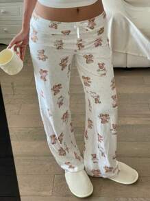Pantaloni ampi da yoga in maglia bianca con stampa di orsetto teddy a vita bassa con laccetto, abbigliamento casual per la casa, adatto per l'estate, per ragazze adolescenti