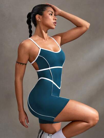 Powerista Macaquinho Sem Costas com Ribana de Contraste, Calça Esportiva Sem Costura