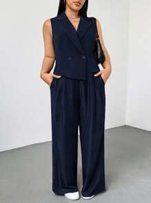 Auralis Plus Size Women's Spring And Summer Fashion Casual Comfortable Basic Daily Black Slim Vest Suit Top And Bare Leg Pants Two Pieces Set, Minimalist Style,Old Money Style,Office Wear,Pants Set,Business Casual Woman,Curve Suit,European Summer,Blazer Set,Teacher Outfits For Women In Fall/Winter - Navy Blue - View 3