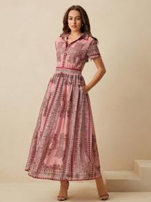 Anewsta New Spring/Summer Resort Style Print Chiffon Short Sleeve Waist Tie Collar Shirt Dress For Women