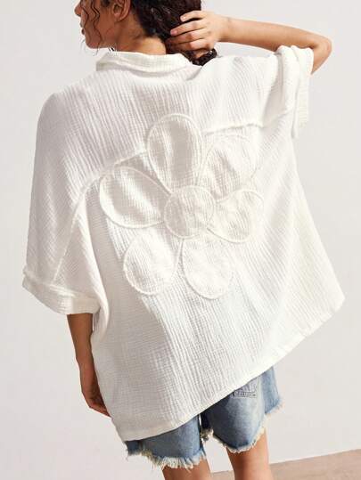 Bohemela 休闲纯色梭织宽领宽松水洗女式衬衫