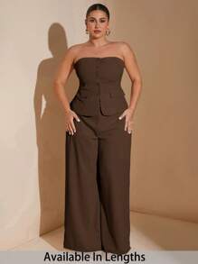SHEIN Tall CURVE 大码女士优雅约会甜美女孩纯色抹胸西装外套夏季套装，适合工作制服办公室仙女美人鱼风商务套装 - 咖啡棕 - 查看 1