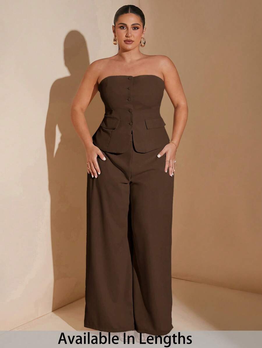 SHEIN Tall CURVE 大码女士优雅约会甜美女孩纯色抹胸西装外套夏季套装，适合工作制服办公室仙女美人鱼风商务套装 - 咖啡棕 - 查看 1