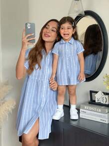 SHEIN Babygirl 可爱夏日度假蓝白条纹短袖立领连衣裙 - 藍白色 - 查看 6