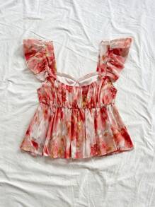 Soleia Women Vacation Cap Sleeve A-Line Chiffon Romantic Floral Print Blouse, Suitable For Holiday, Music Festivals, Bohemian, Afternoon Tea Dates Summer Tops Babydoll Tops