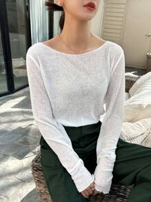 DAZY 纯色开叉下摆透视 T 恤 - 白色 - 查看 8