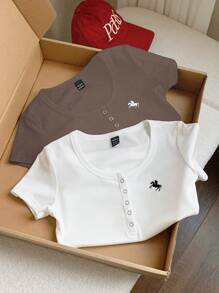 Comfortcana 2pcs/Set Summer Solid Henley Neck Embroidered Slim Fit Short Sleeve T-Shirt