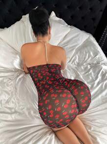 SHEIN 女式樱桃图案细肩带串珠紧身透明性感睡袍 - 彩色 - 查看 1