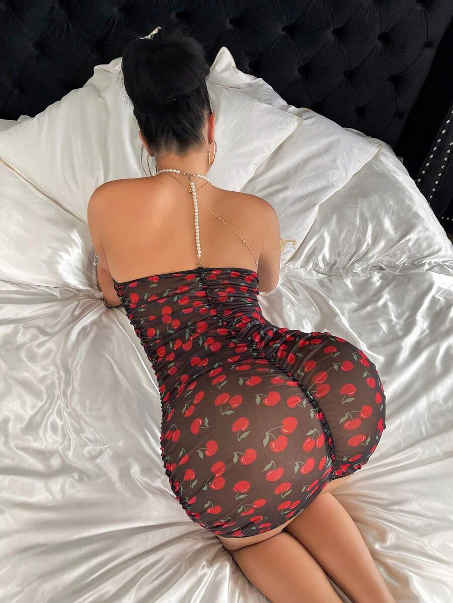 SHEIN 女式樱桃图案细肩带串珠紧身透明性感睡袍 - 彩色 - 查看 1