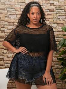 SHEIN CURVE+ CURVE PLUS 透明网眼罩衫（不含比基尼）夏季/乡村/海滩度假装/沙滩装/沙滩装 - 黑色 - 查看 6